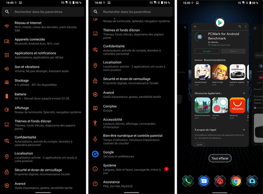 Suite interface de l'Asus ROG Phone 5s Pro