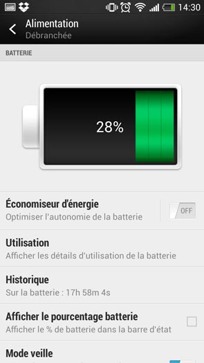 HTC One mini :  menu alimentation