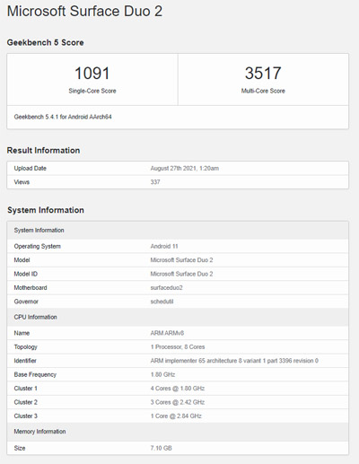 Microsoft Duo Geekgbench