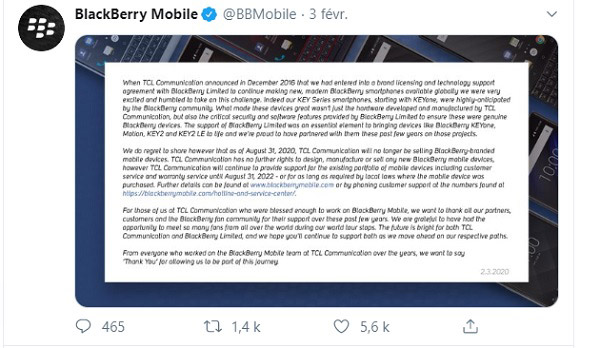 BlackBerry Mobile - Fin du partenariat avec TCL Communication