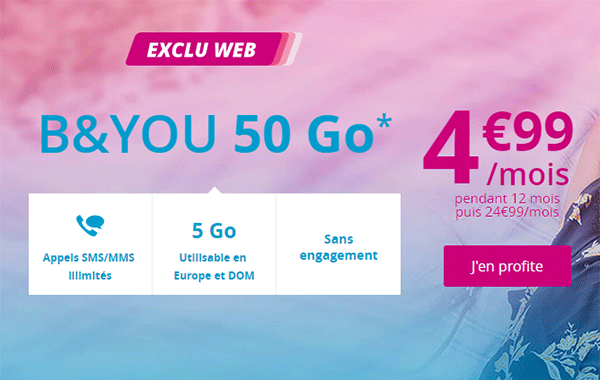 Bouygues Telecom : le forfait B&YOU 50 Go en promotion à 4,99 euros !