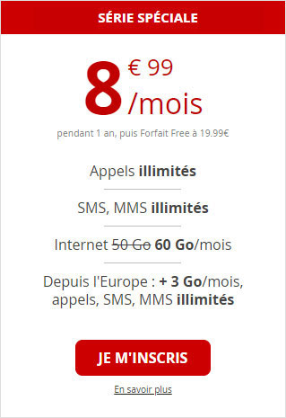 Forfait Free Mobile à 8,99 euros avec 60 Go