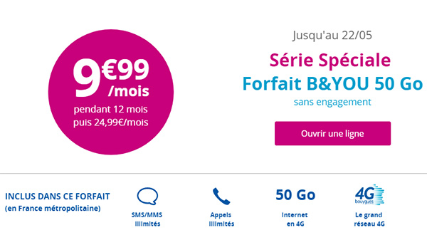 Bouygues Telecom : le forfait B&YOU 50 Go à 9,99 euros