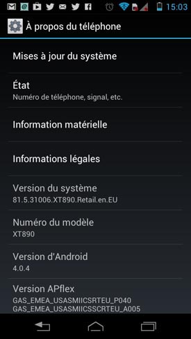 Motorola Razr i : menu système